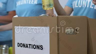 一群志愿者把杂货放进<strong>捐款</strong>箱，慈善组织